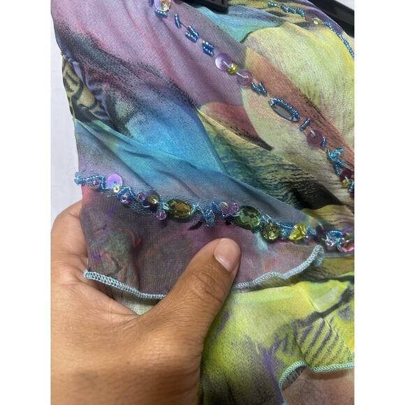 VTG Y2K 90s Fairycore cache Floral Asymmetrical Dress Beaded Strapless Sz 2 - Picture 4 of 14